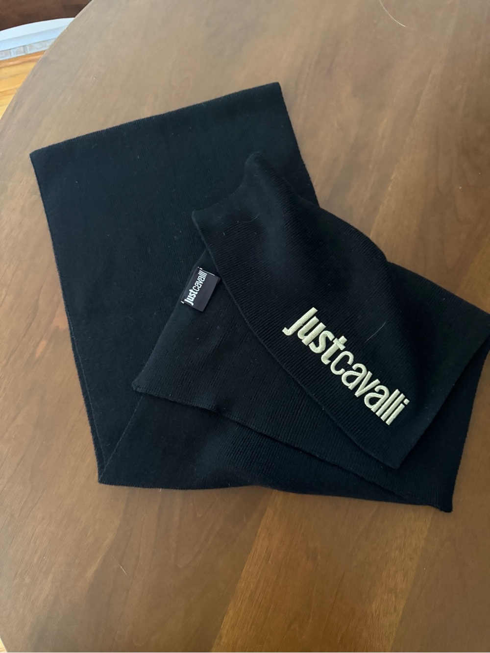Just Cavalli Black Scarf with Gold Logo Embroidery